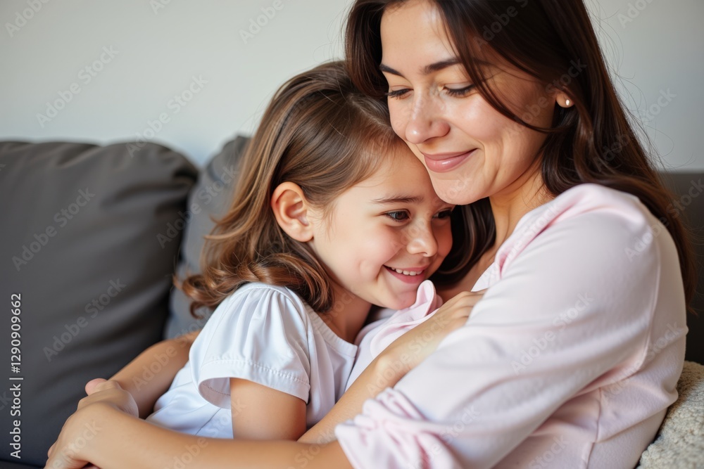 A Heartwarming Moment of a Young Caucasian Girl Embracing Her Loving Mother in Their Cozy Living Room, Capturing the Essence of Family Bonding and Love