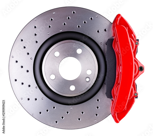 Obraz na płótnie high-performance car disc brake system showcasing a ventilated rotor and a bright red caliper, designed for enhanced stopping power isolated on white background. motorsport and tuning industy. w salonie