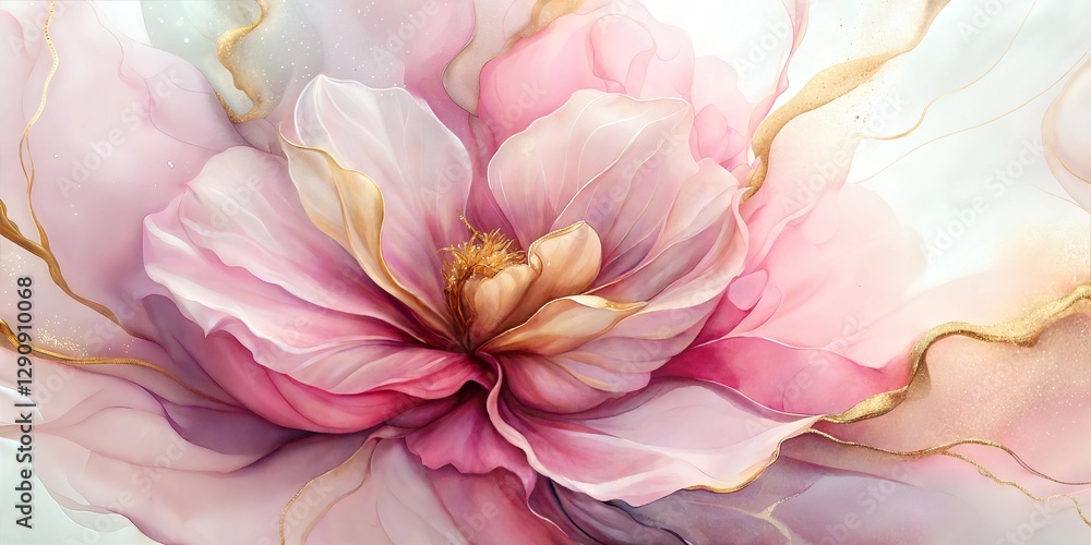 Fototapeta premium Modern Artistic Flower Design with Pink and Gold Hues and Fluid Lines