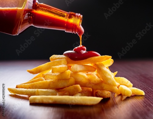 Fotografía de estudio profesional de una botella de vidrio de Ketchup gotea ketchup sobre la pila de papas fritas formando un pequeño montículo en la parte super, estilo ultrarrealista, realista, photo