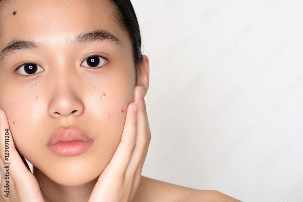 Young Asian woman with vitiligo on face touching her cheek on white background, beauty treatment or skin care concept Young Asian woman with vitiligo on face touching her cheek on white background, beauty treatment or skin care concept