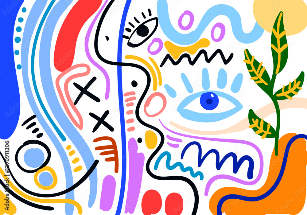Fototapeta premium abstract illustration featuring bold colors, geometric shapes, expressive eyes, and dynamic doodles.