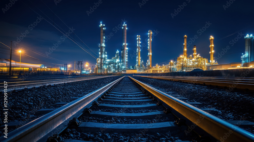 Fototapeta premium Nighttime view of an industrial plant with tall structures glowing, located next to railway tracks under a clear sky