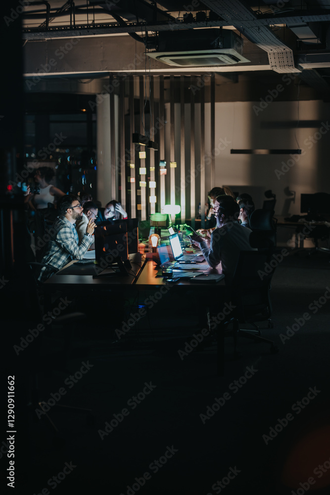 Fototapeta premium A group of business coworkers working together on a project in an office during nighttime, creating a productive and focused atmosphere.