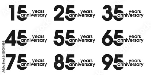 Anniversary icon or logo set. 15, 25, 35, 45, 55, 65, 75, 85, 95 years. Birthday celebrating, invitation, jubilee design element. Vector illustration.
