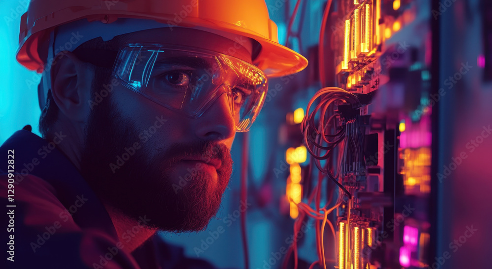 Obraz premium An engineer inspects and repairs electrical systems in a power plant facility at dusk, ensuring optimal performance and safety