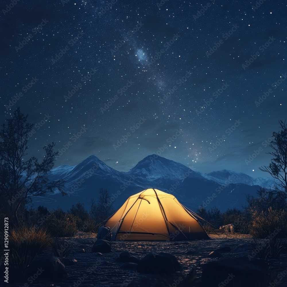 Camping scene, minimalist tent setup under starry night sky, 3D illustration Camping scene, minimalist tent setup under starry night sky, 3D illustration