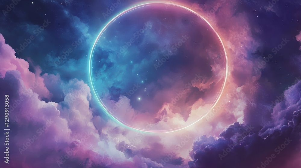 Colorful cosmic clouds in a night sky with a glowing circular light, celestial background for fantasy and space-themed designs, dreamy atmosphere. Colorful cosmic clouds in a night sky with a glowing circular light, celestial background for fantasy and space-themed designs, dreamy atmosphere.