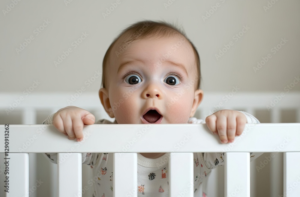 Baby in crib, looking over the edge with big eyes and wide-open mouth, white-colored baby bed, white background Baby in crib, looking over the edge with big eyes and wide-open mouth, white-colored baby bed, white background