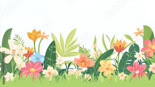 Colorful Floral Border with Tropical Flowers and Green Grass