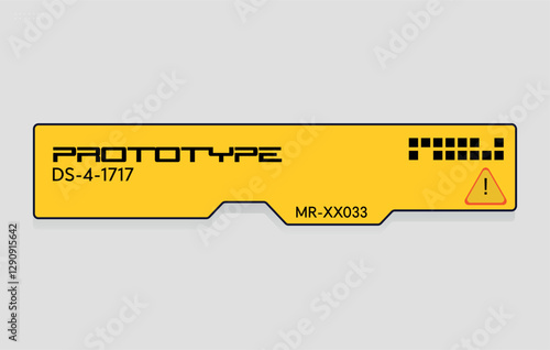 Yellow cyberpunk sci-fi label. Futuristic technology tag with warning sign.