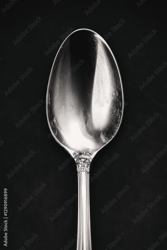 A single silver spoon placed on a dark or black surface A single silver spoon placed on a dark or black surface