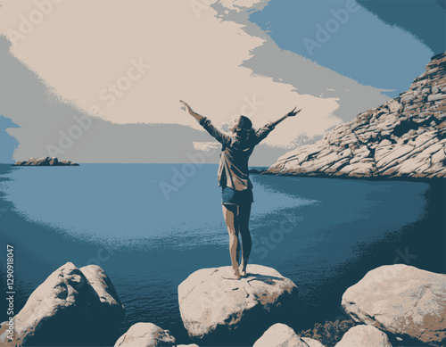 Persona con brazos abiertos en unas rocas frente al mar