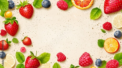 Colorful Summer Berries and Citrus Fruits Border on Beige Background