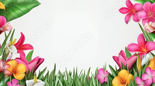 Colorful Tropical Flowers and Green Grass Border on White Background