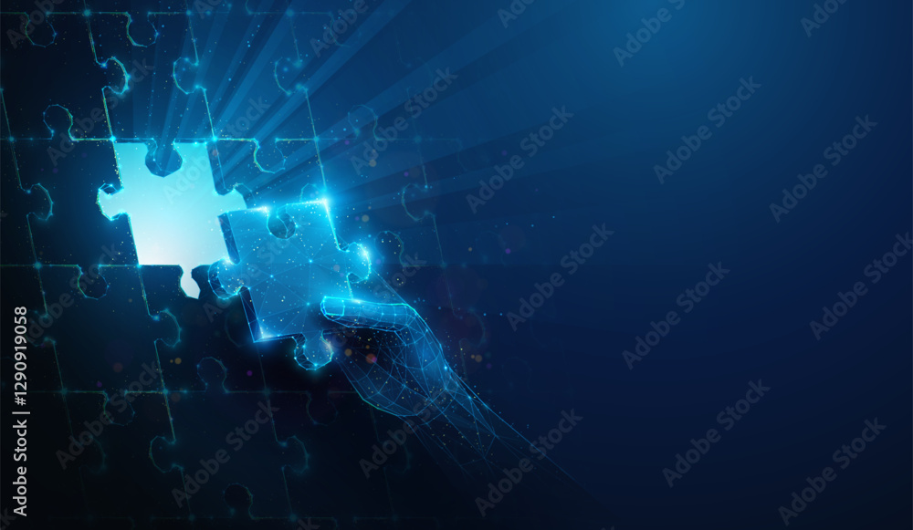 Fotografija Low Poly Hand Completing Puzzle on the Side