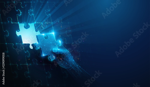Low Poly Hand Completing Puzzle on the Side. Abstract geometric illustration depicting synergy partnership and business teamwork concept by wireframe mesh on blue background with copy space