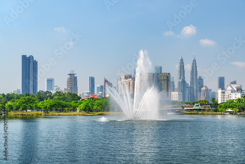 Photography Awesome Kuala Lumpur skyline. Scenic lake and fountains
