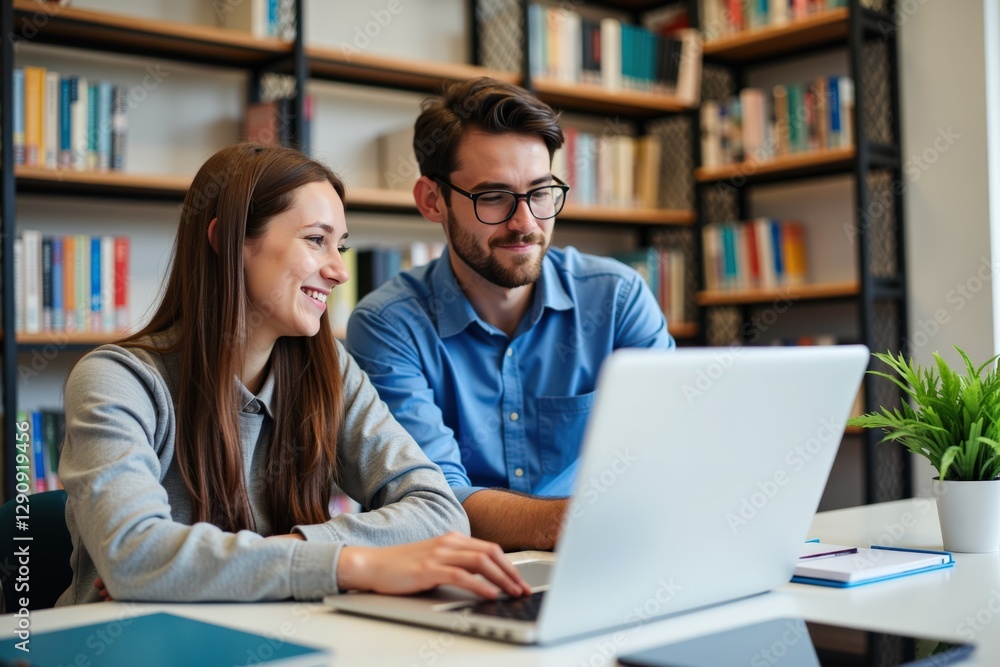 Young Caucasian Woman and Man Collaborating in a Modern Library Over a Laptop, Engaged in a Focused Study Session Together Young Caucasian Woman and Man Collaborating in a Modern Library Over a Laptop, Engaged in a Focused Study Session Together