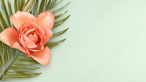 Coral Rose and Palm Leaf on Pastel Green Background