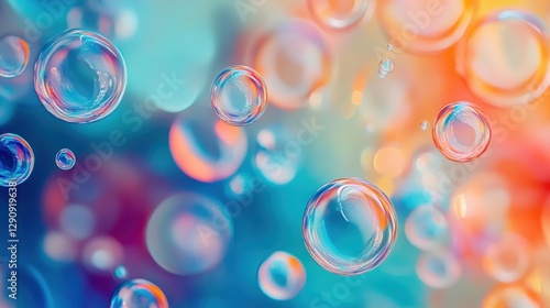 Bubbles floating in a vibrant abstract background, colorful texture with light reflections, water droplets, and soft blurred rainbow effect.