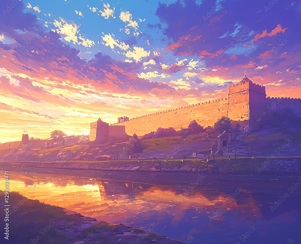 Obraz premium Castle fortress at sunrise over calm lake and colorful sky, anime style