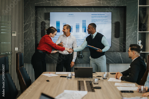 Foto A diverse business team discusses strategies and shakes hands during a meeting in a stylish conference room