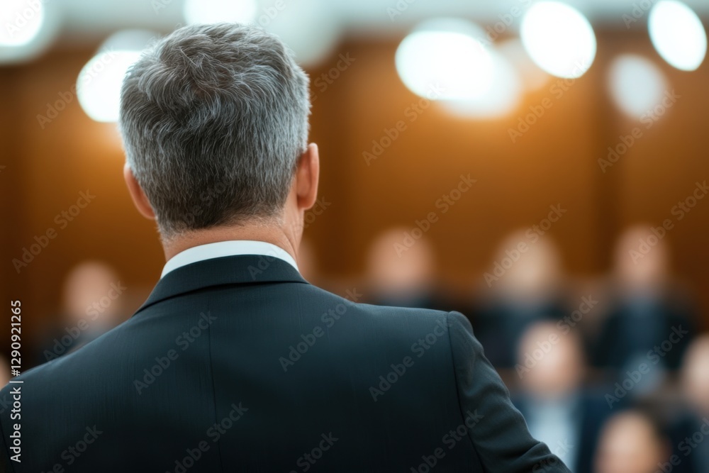 Man in Suit Addressing Audience from Back View Man in Suit Addressing Audience from Back View