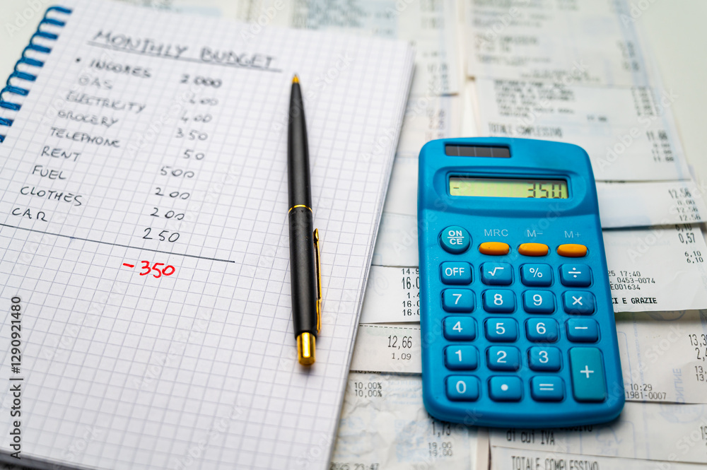 Notebook with family budget, calculator table, and money next to it. Price increases and economic difficulties.
Notebook with family budget, calculator table, and money next to it. Price increases and economic difficulties.