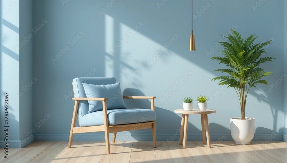 Fototapeta premium A tranquil corner features a light blue armchair with matching cushions beside a minimalist wooden table. Bright sunlight highlights a leafy plant and two small pots on the table