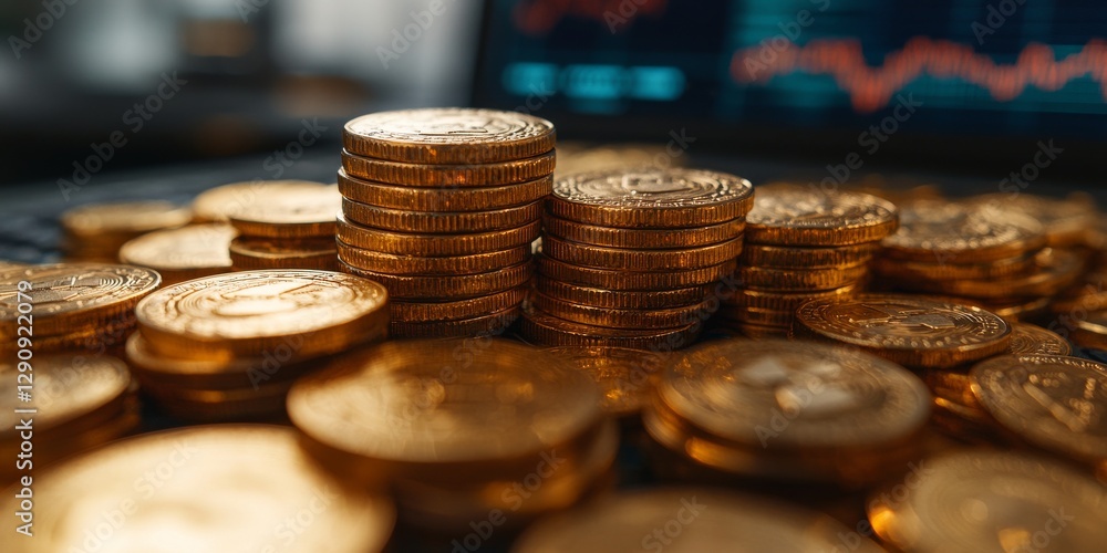 Gold coins stacked high representing investment and market fluctuations Gold coins stacked high representing investment and market fluctuations