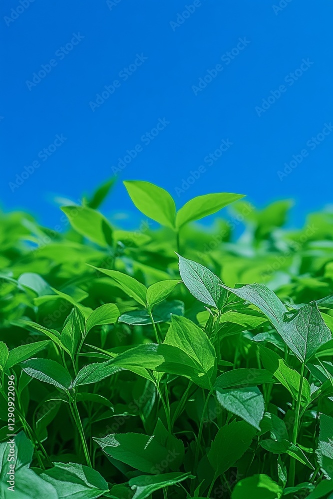 Obraz premium Lush Green Grass Texture, Vibrant Blue Sky With Bokeh Backdrop, Panoramic, Spring Day, Nature Scene