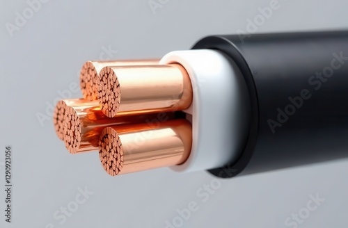 isolated five-core copper cable, polymer-braided in black and white photo