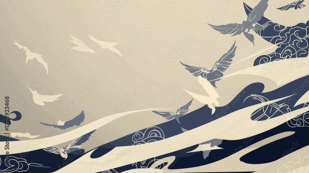 Obraz premium Serene Flight Abstract Birds in Motion Over Wavy Landscape