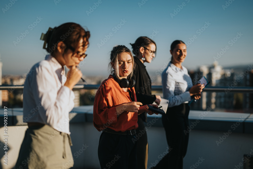 Group of diverse business employees brainstorming and analyzing ideas together on a rooftop. Multiracial business associates engaged in discussion and collaboration, set against a city skyline Group of diverse business employees brainstorming and analyzing ideas together on a rooftop. Multiracial business associates engaged in discussion and collaboration, set against a city skyline