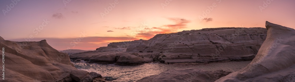 Panoramic sunset view at Sarakiniko, Milos, Greece Panoramic sunset view at Sarakiniko, Milos, Greece