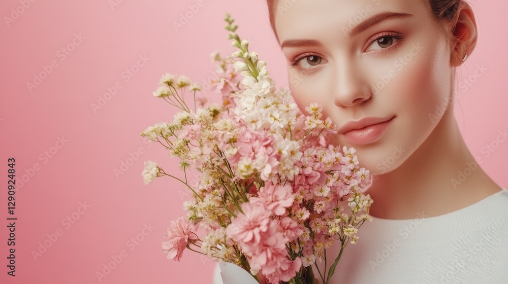 Fototapeta premium A woman holds a bouquet of flowers in front of her face, hiding behind the petals
