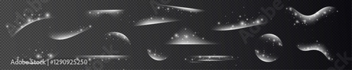 Magical glowing sparkle swirl trail effect isolated on transparent background. Bokeh glitter wave line with flying sparkling flash bulbs. Vector illustration
