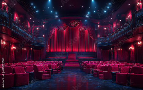 Dimly Lit Empty Movie Theater with Plush Red Seats and Velvet Curtains