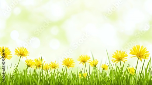 Yellow Dandelions in Green Grass Field with Soft Focus Background