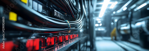 Detailed perspective of a systematically arranged electrical wiring harness in an industrial environment