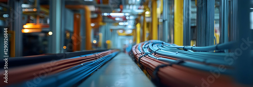 Detailed perspective of a systematically arranged electrical wiring harness in an industrial environment