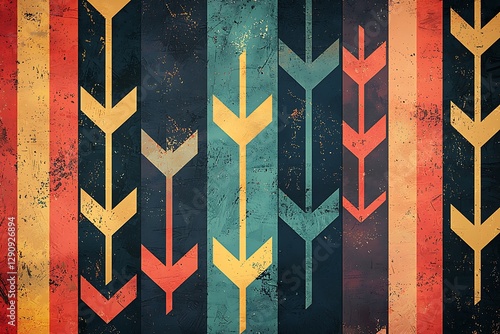 Retro geometric pattern with colorful vertical stripes and arrow shapes