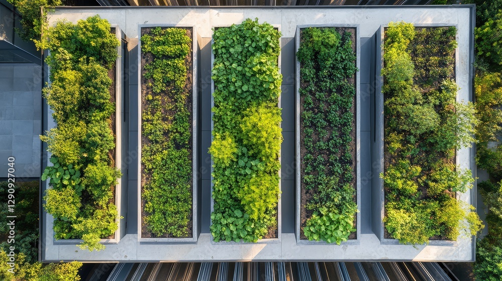 Fototapeta premium Aerial view of symmetrical rooftop garden beds growing leafy greens, modern urban agriculture concept with clear copy space.