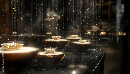 Diamond rings on velvet holders in a luxury jewelry store window, illuminated to emphasize their sparkle