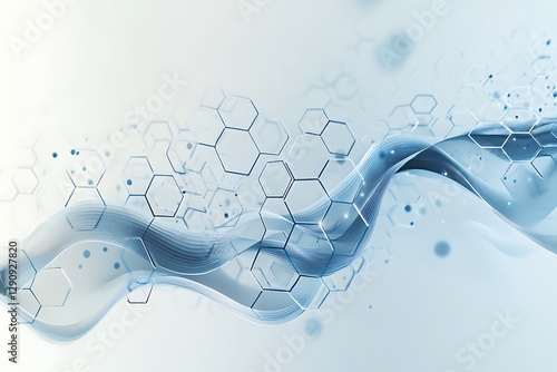 Abstract flowing wave of molecular structures and particles in cool blue tones