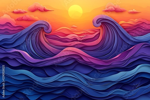 Vibrant sunset paints the sky over rolling ocean waves in a stylized, colorful landscape.