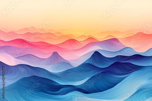 Serene abstract landscape with flowing waves of blue and pink under a warm gradient sky.