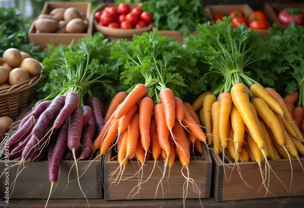 Rustic Farmer’s Market Carrot Display with Fresh, Vibrant Colors Rustic Farmer’s Market Carrot Display with Fresh, Vibrant Colors