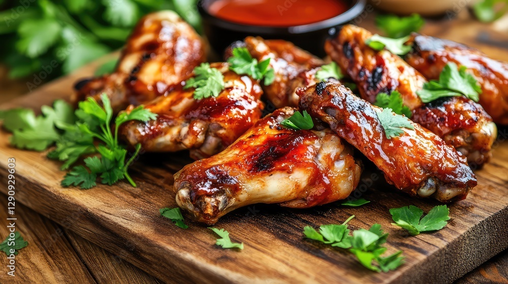 A close-up of perfectly grilled BBQ chicken wings on a wooden board, with fresh herbs and sauces, leaving room for copy.